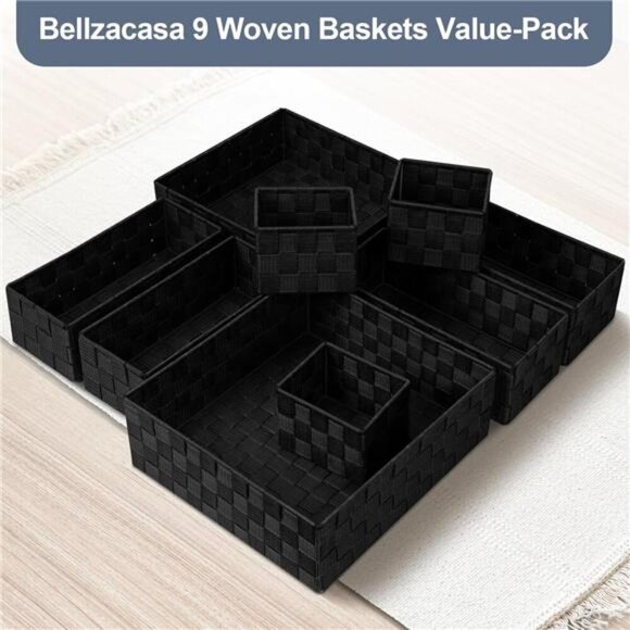 Woven Storage Baskets Set of 9 Black Organizer Bins for Closet Drawer Shelf - Picture 7 of 8